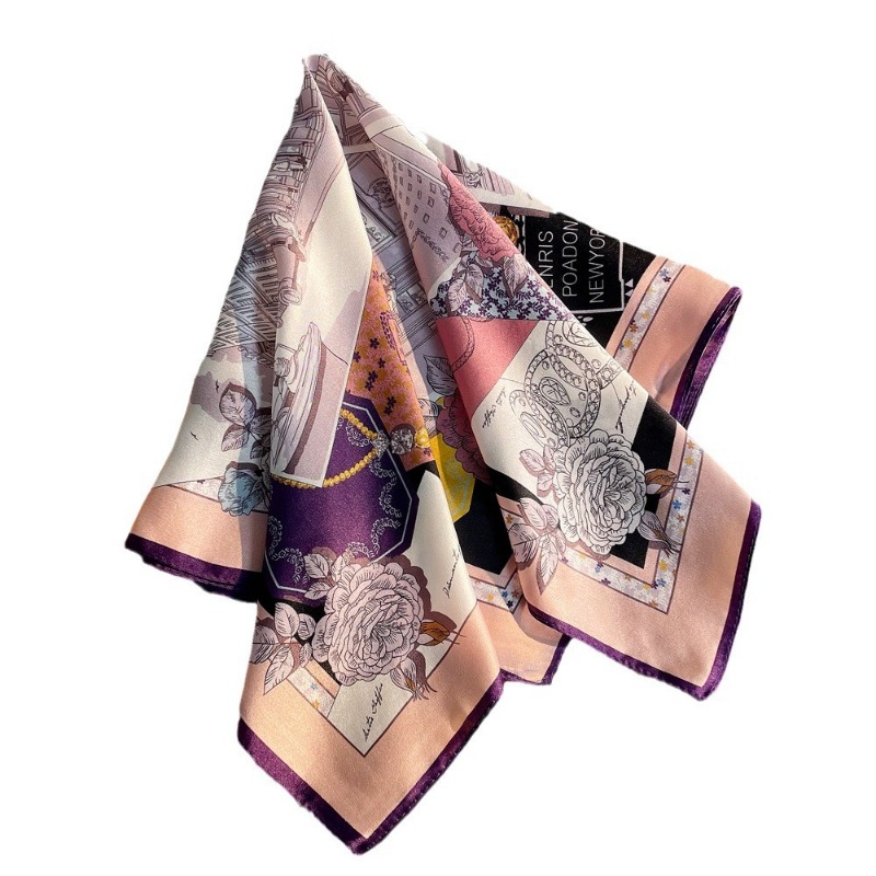Vintage Fashion Build - 53x53cm Elegant Pink Black Silk Bandana